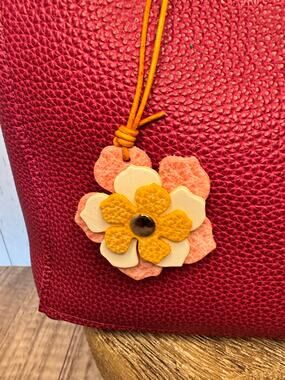 Leather Flower Bag Charm Yellow White Pink Flower Purse Charm Genuine Leather